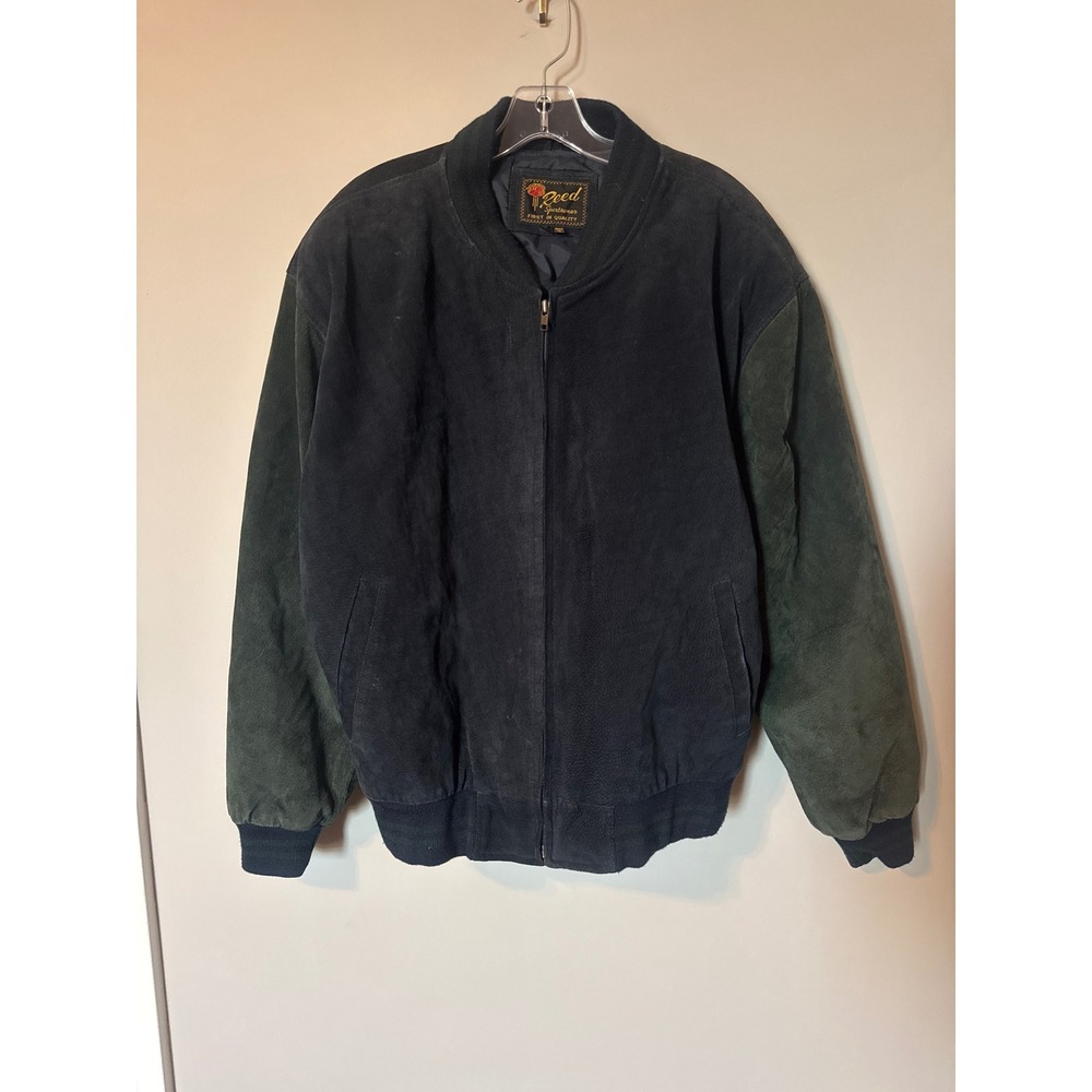 Reed Sportswear Vintage Suede Leather Bomber Jacket Mens Large Black Green Zip